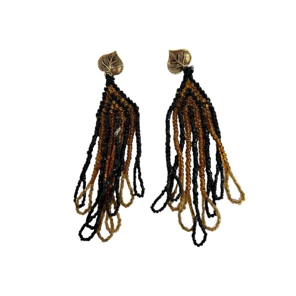 Vintage Seed Bead 3.5" Drop Dangle Earrings Goldtone Black Post Pierced